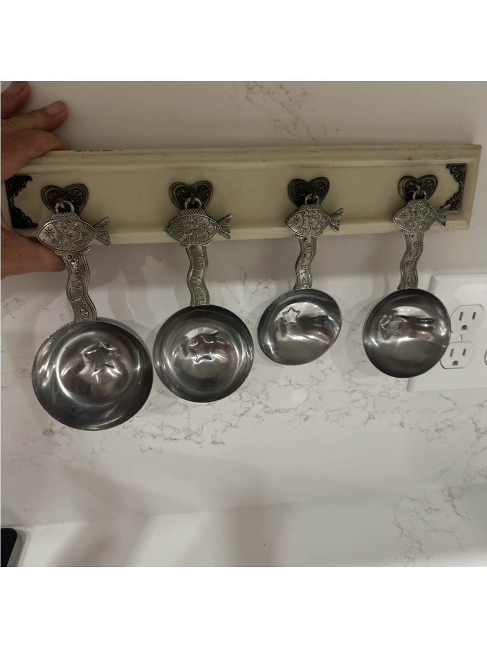 Vintage Silver Toned Fish Measuring Cups With Wall Mounted Hanger